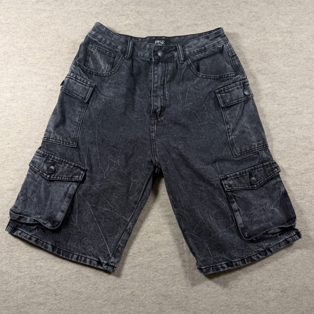 Rise Supply Co Black Acid Wash Denim Cargo Shorts Size 9 Baggy Wide Grunge